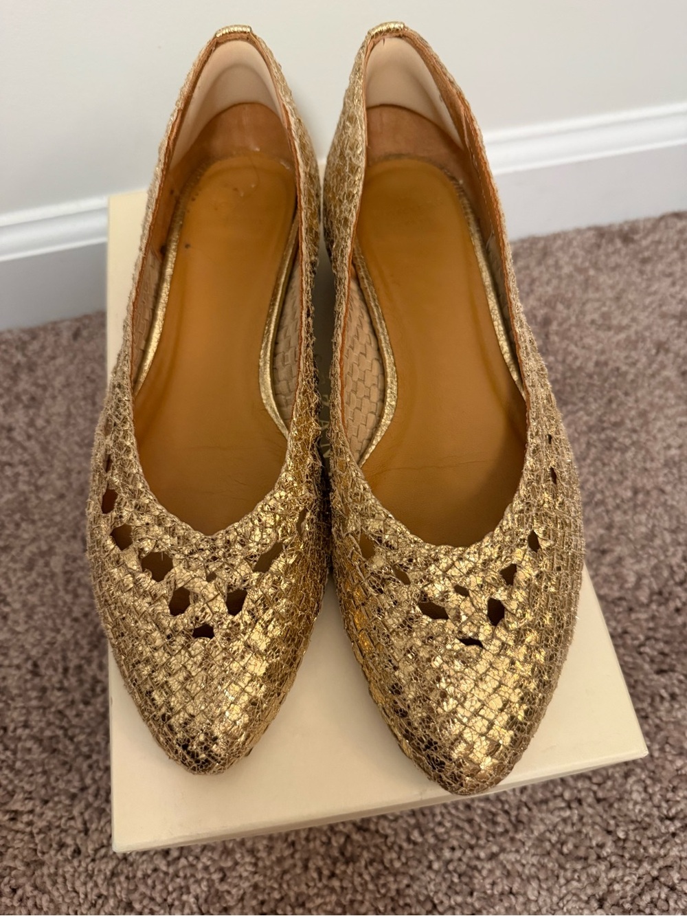 Sezane Metallic Gold Woven Pointed-Toe Flats